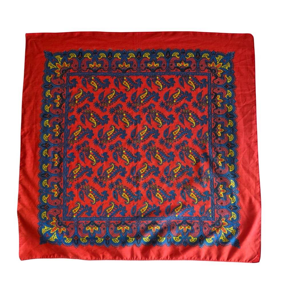 Vintage 60s Selvedge Bandana Red Blue Paisley Botanical Square Scarf 21x21